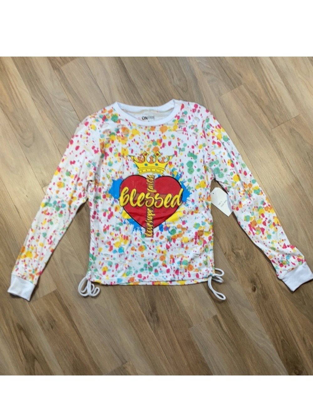 On fire BLESSED spatter print distressed cotton top long sleeve shirt S jr